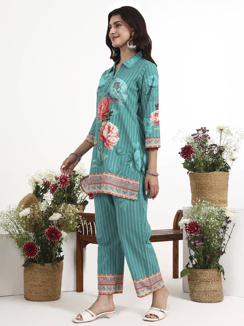 Turquoise floral printed cotton stitched co-ord set with pants for women