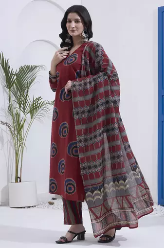 Maroon block printed cotton stitched straight kurta set with dupatta for women