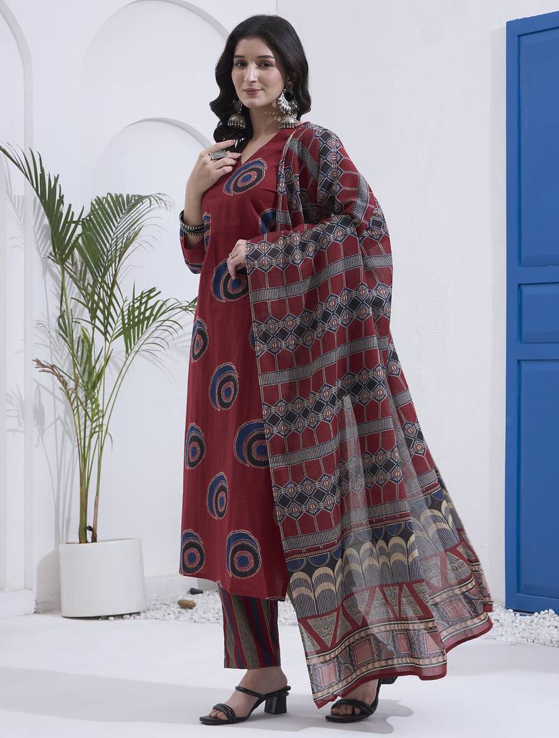 Maroon block printed cotton stitched straight kurta set with dupatta for women