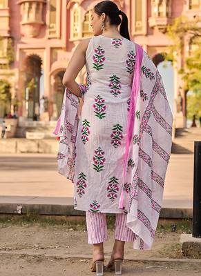 Pink floral printed cotton stitched straight kurta set with dupatta for women 3