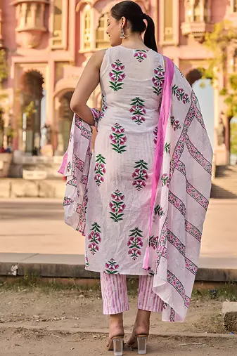 Pink floral printed cotton stitched straight kurta set with dupatta for women