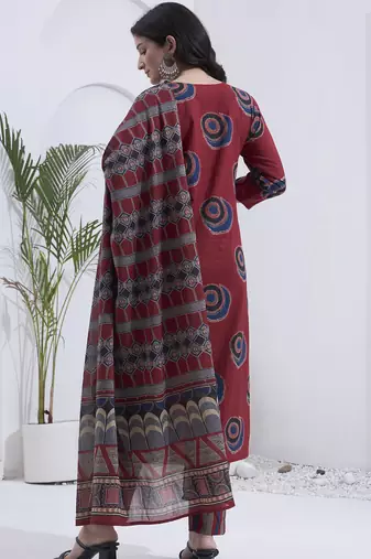 Maroon block printed cotton stitched straight kurta set with dupatta for women