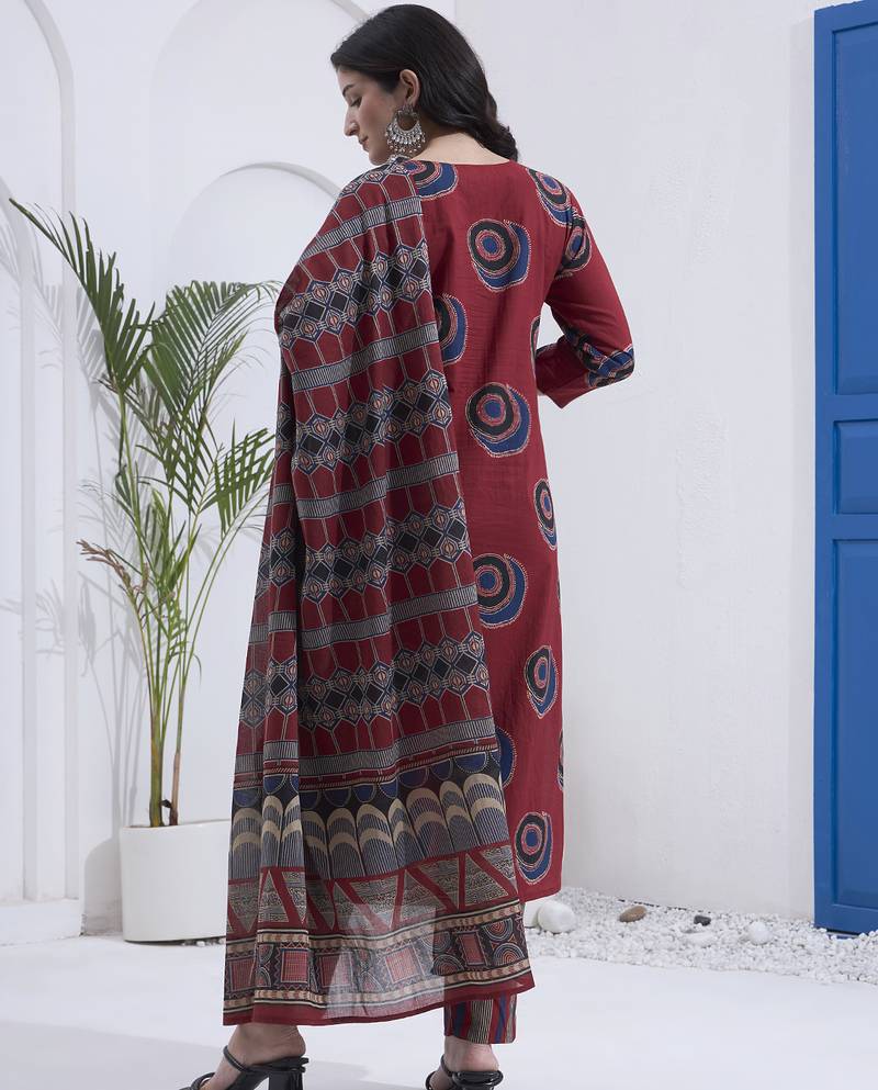 Maroon block printed cotton stitched straight kurta set with dupatta for women