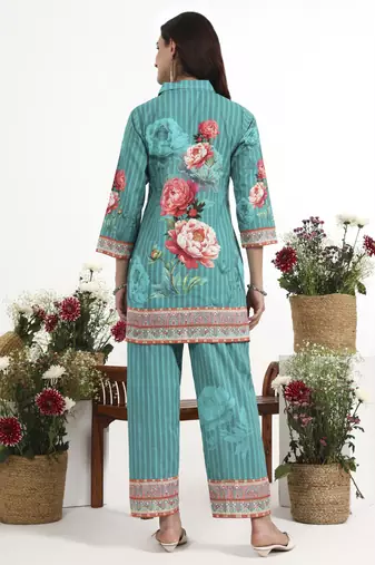 Turquoise floral printed cotton stitched co-ord set with pants for women