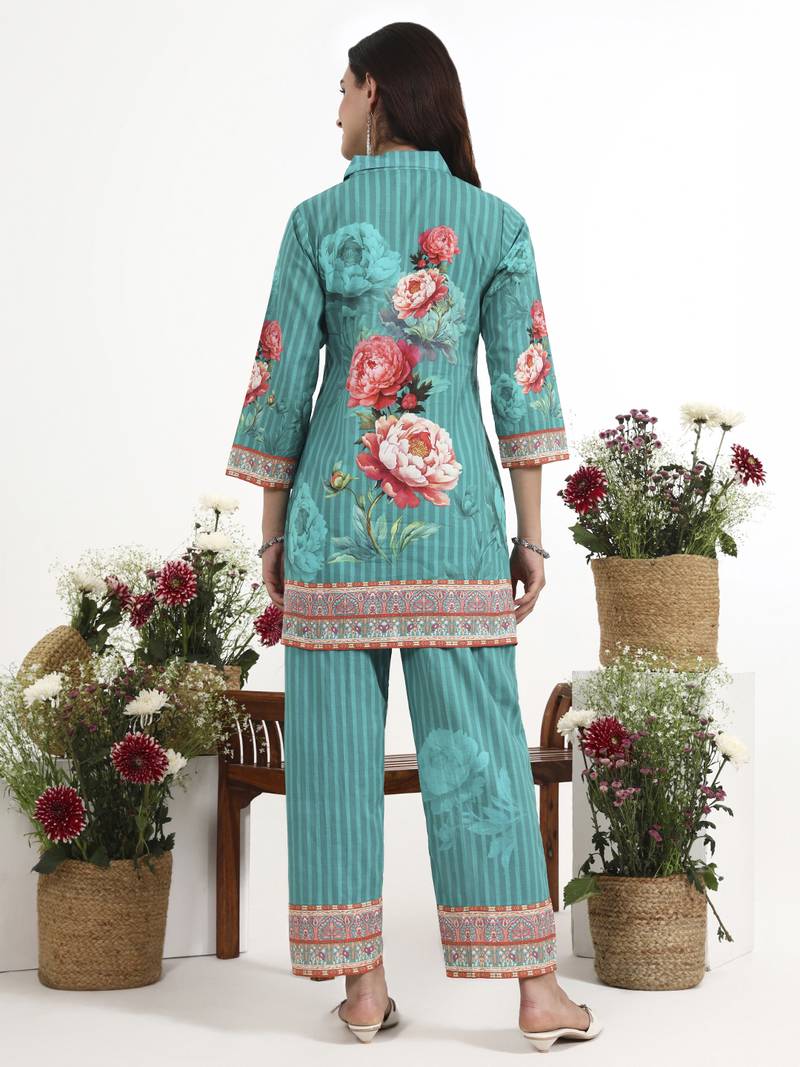 Turquoise floral printed cotton stitched co-ord set with pants for women