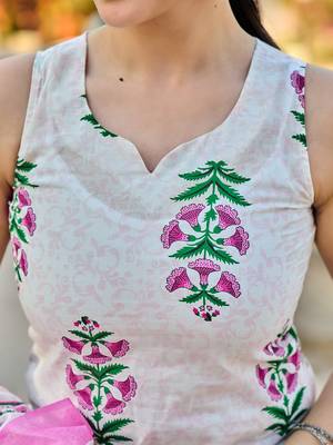 Pink floral printed cotton stitched straight kurta set with dupatta for women 4
