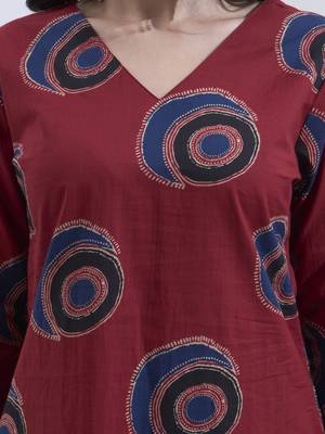Maroon block printed cotton stitched straight kurta set with dupatta for women 4