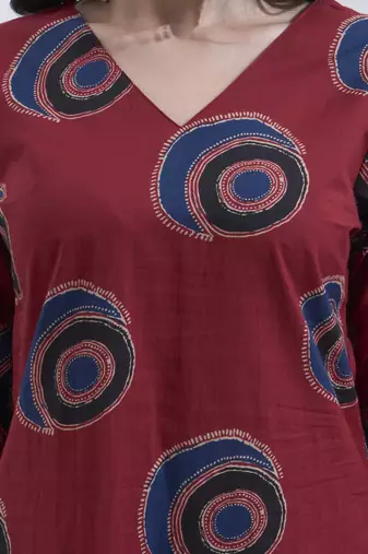 Maroon block printed cotton stitched straight kurta set with dupatta for women