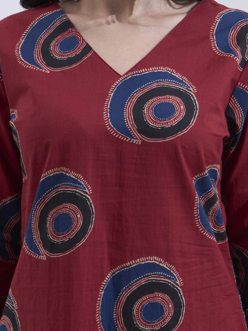 Maroon block printed cotton stitched straight kurta set with dupatta for women