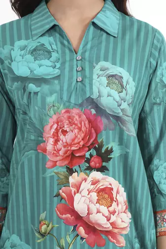 Turquoise floral printed cotton stitched co-ord set with pants for women