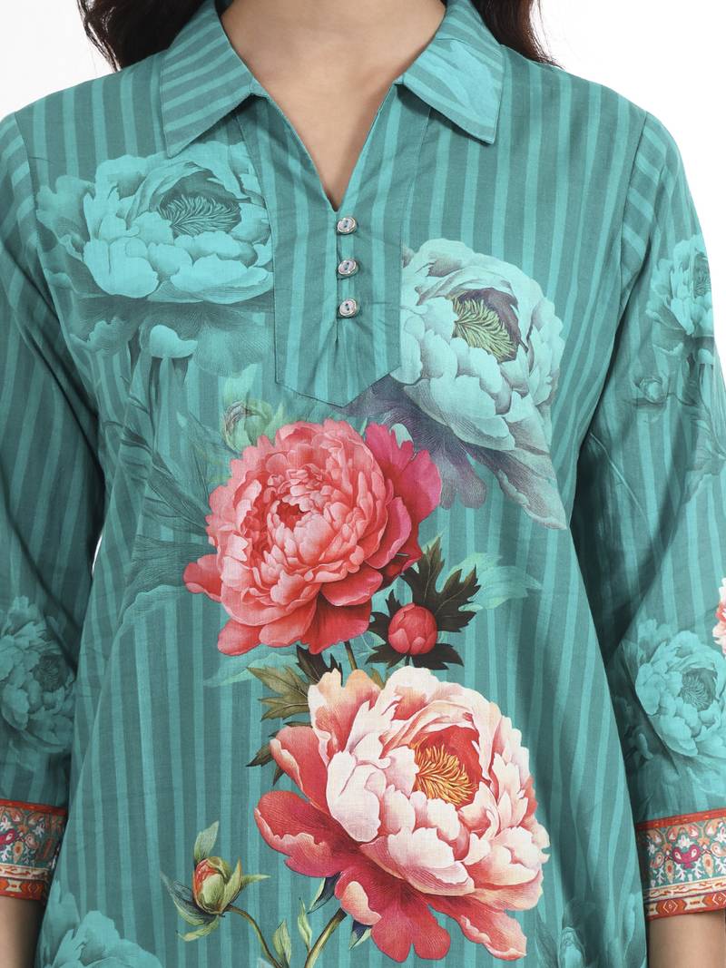 Turquoise floral printed cotton stitched co-ord set with pants for women