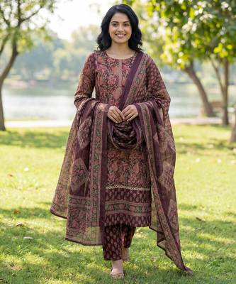 Burgundy floral printed cotton stitched straight kurta set with dupatta for women 1