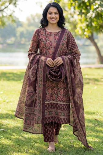 Burgundy floral printed cotton stitched straight kurta set with dupatta for women