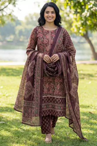 Burgundy floral printed cotton stitched straight kurta set with dupatta for women