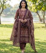 Burgundy floral printed cotton stitched straight kurta set with dupatta for women