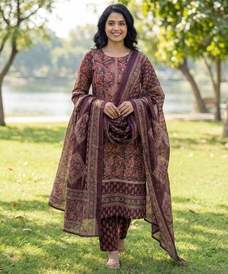 Burgundy floral printed cotton stitched straight kurta set with dupatta for women