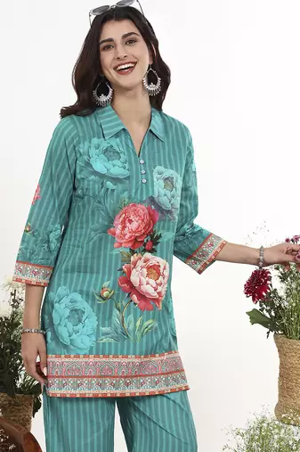 Turquoise floral printed cotton stitched co-ord set with pants for women