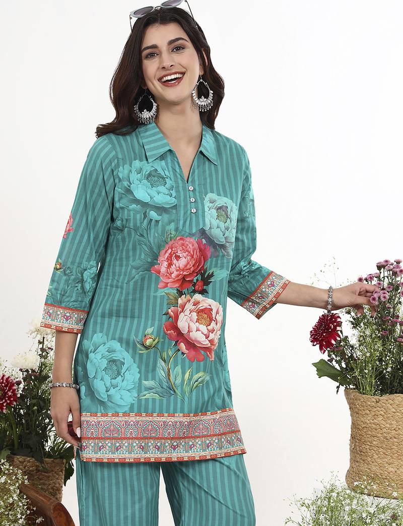 Turquoise floral printed cotton stitched co-ord set with pants for women