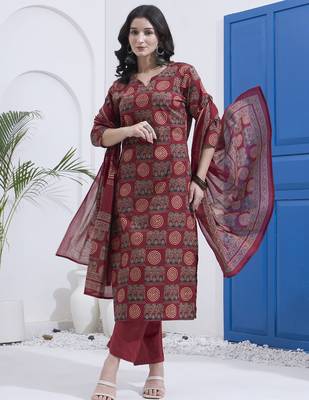 Maroon block printed cotton stitched straight kurta set with dupatta for women 1