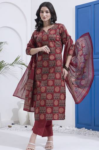 Maroon block printed cotton stitched straight kurta set with dupatta for women