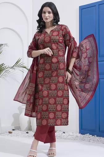 Maroon block printed cotton stitched straight kurta set with dupatta for women