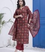 Maroon block printed cotton stitched straight kurta set with dupatta for women