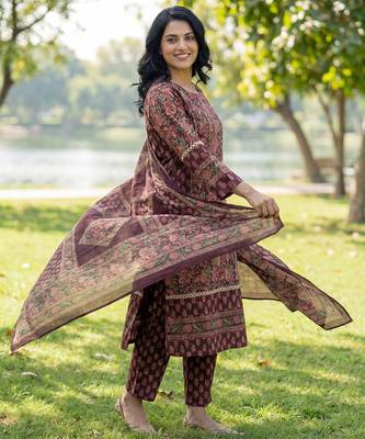 Burgundy floral printed cotton stitched straight kurta set with dupatta for women 2