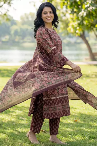Burgundy floral printed cotton stitched straight kurta set with dupatta for women