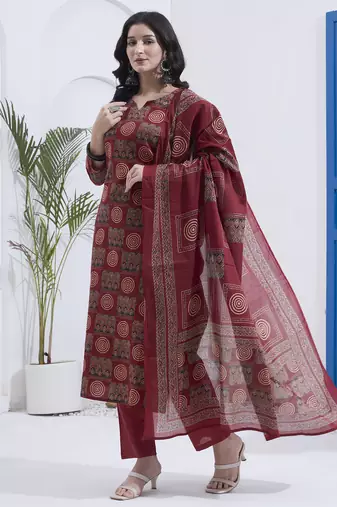 Maroon block printed cotton stitched straight kurta set with dupatta for women