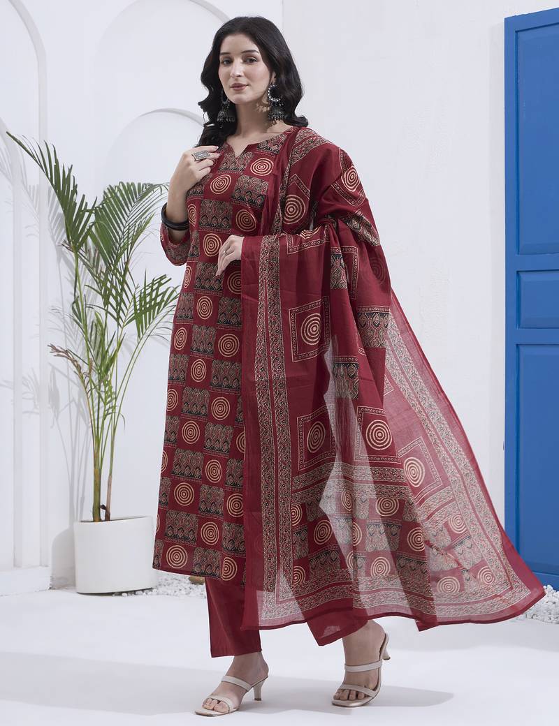 Maroon block printed cotton stitched straight kurta set with dupatta for women