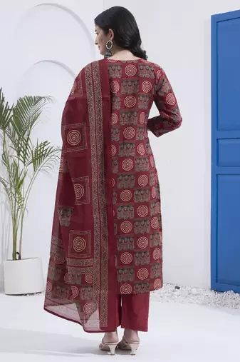 Maroon block printed cotton stitched straight kurta set with dupatta for women
