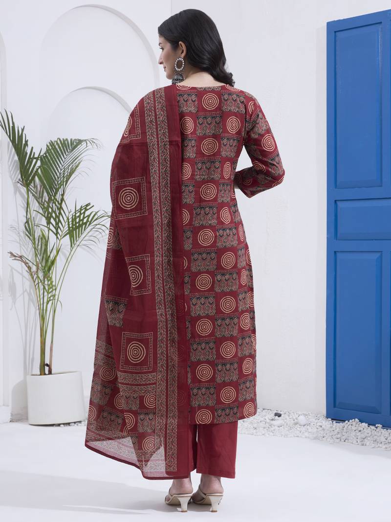 Maroon block printed cotton stitched straight kurta set with dupatta for women