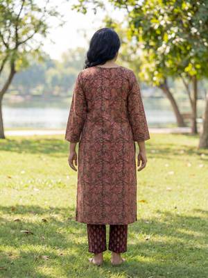 Burgundy floral printed cotton stitched straight kurta set with dupatta for women 3