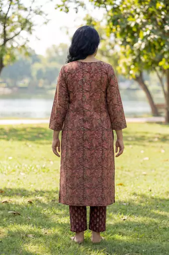 Burgundy floral printed cotton stitched straight kurta set with dupatta for women