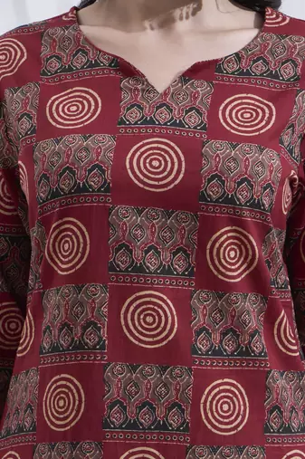 Maroon block printed cotton stitched straight kurta set with dupatta for women