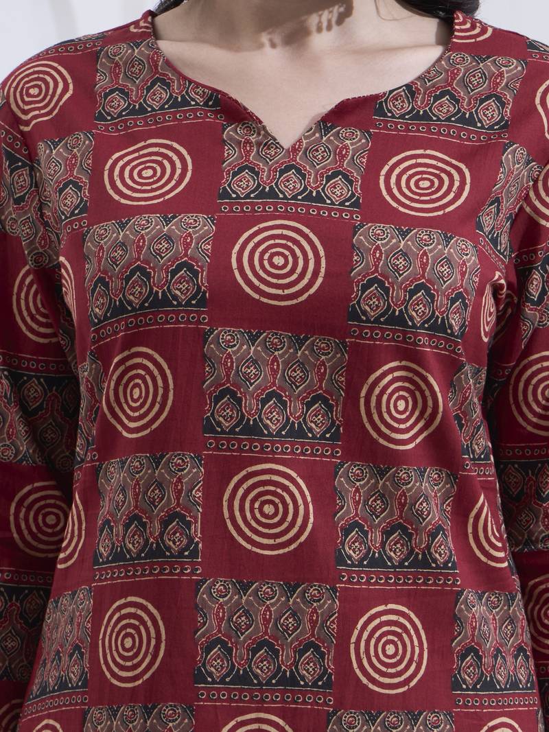 Maroon block printed cotton stitched straight kurta set with dupatta for women