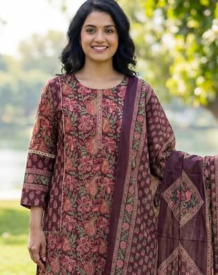 Burgundy floral printed cotton stitched straight kurta set with dupatta for women 4