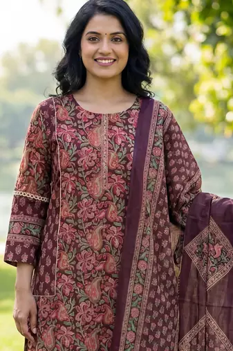 Burgundy floral printed cotton stitched straight kurta set with dupatta for women