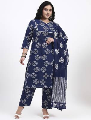 Blue floral printed cotton stitched straight kurta set with dupatta for women 1