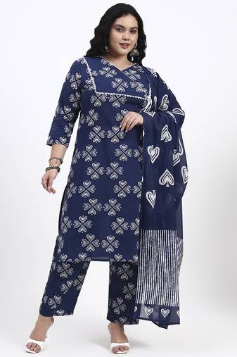 Blue floral printed cotton stitched straight kurta set with dupatta for women