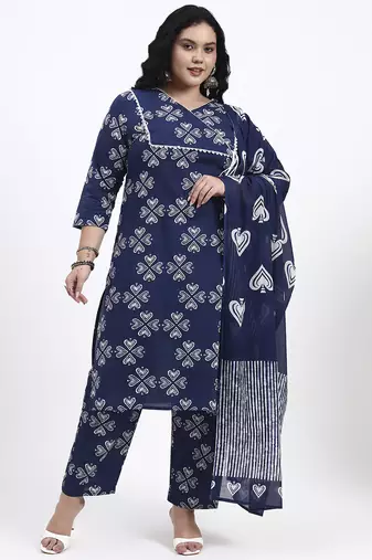 Blue floral printed cotton stitched straight kurta set with dupatta for women