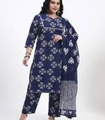 Blue floral printed cotton stitched straight kurta set with dupatta for women