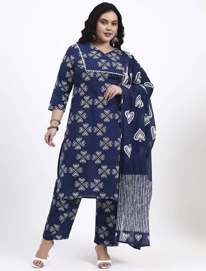 Blue floral printed cotton stitched straight kurta set with dupatta for women