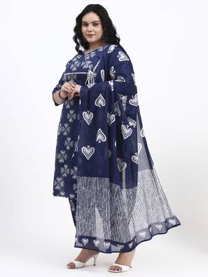 Blue floral printed cotton stitched straight kurta set with dupatta for women 2