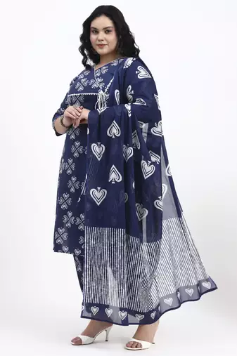 Blue floral printed cotton stitched straight kurta set with dupatta for women