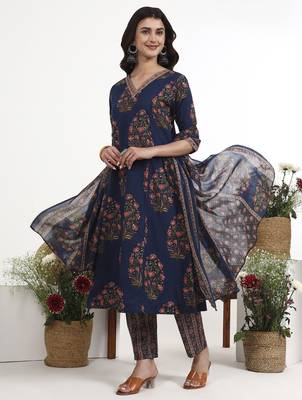 Navy blue floral printed cotton stitched anarkali kurta set with dupatta for women 1