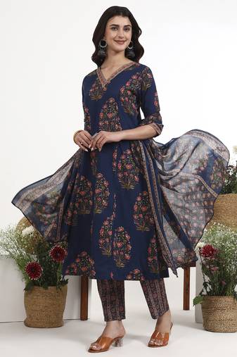 Navy blue floral printed cotton stitched anarkali kurta set with dupatta for women