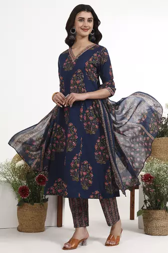 Navy blue floral printed cotton stitched anarkali kurta set with dupatta for women