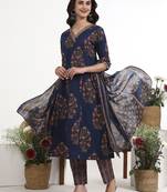 Navy blue floral printed cotton stitched anarkali kurta set with dupatta for women