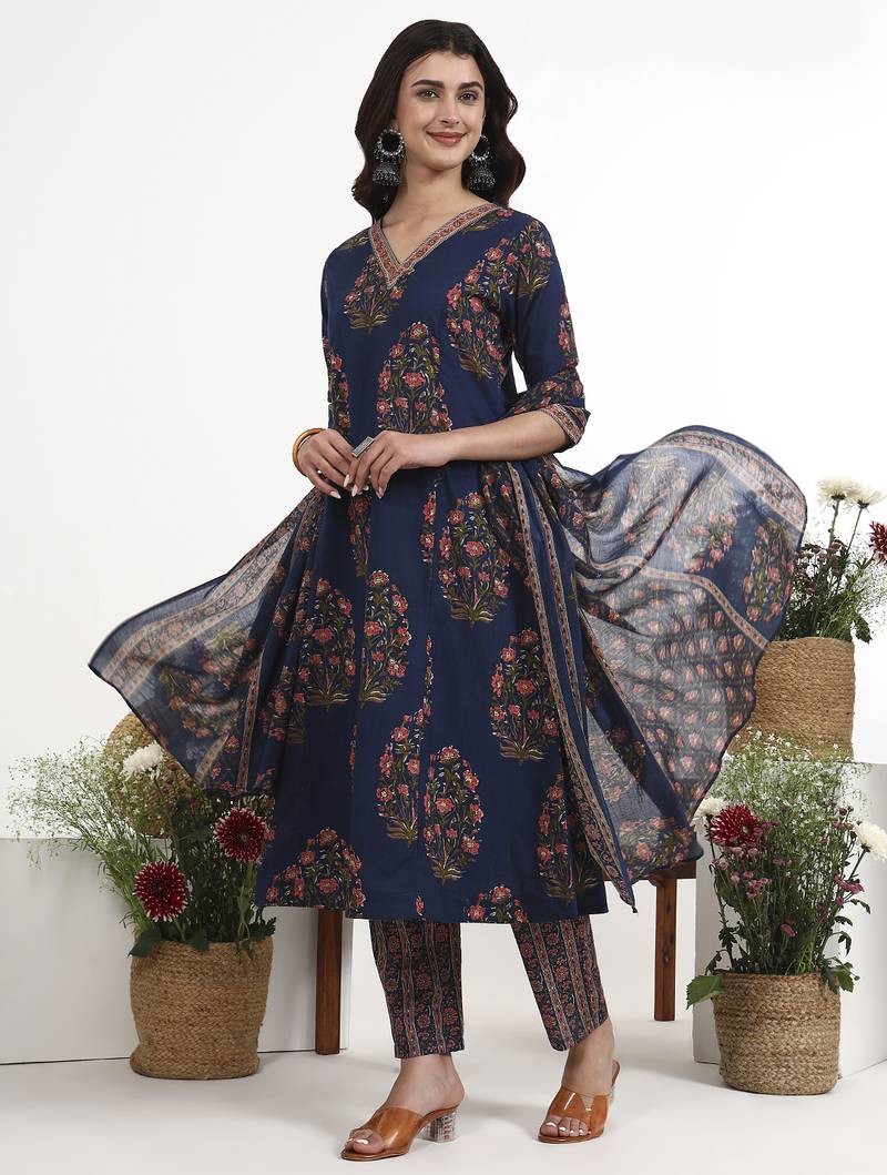 Navy blue floral printed cotton stitched anarkali kurta set with dupatta for women